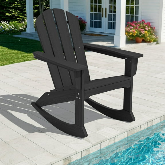 SERWALL Rocking Adirondack Chair, HDPE Outdoor Rocking Chair, All Weather Porch Rocking Chair for Patio, Black
