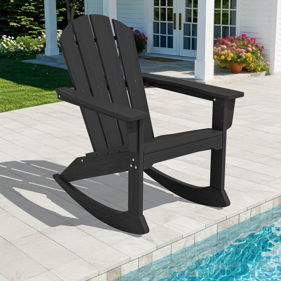 SERWALL Rocking Adirondack Chair, HDPE Outdoor Rocking Chair, All Weather Porch Rocking Chair for Patio, Black