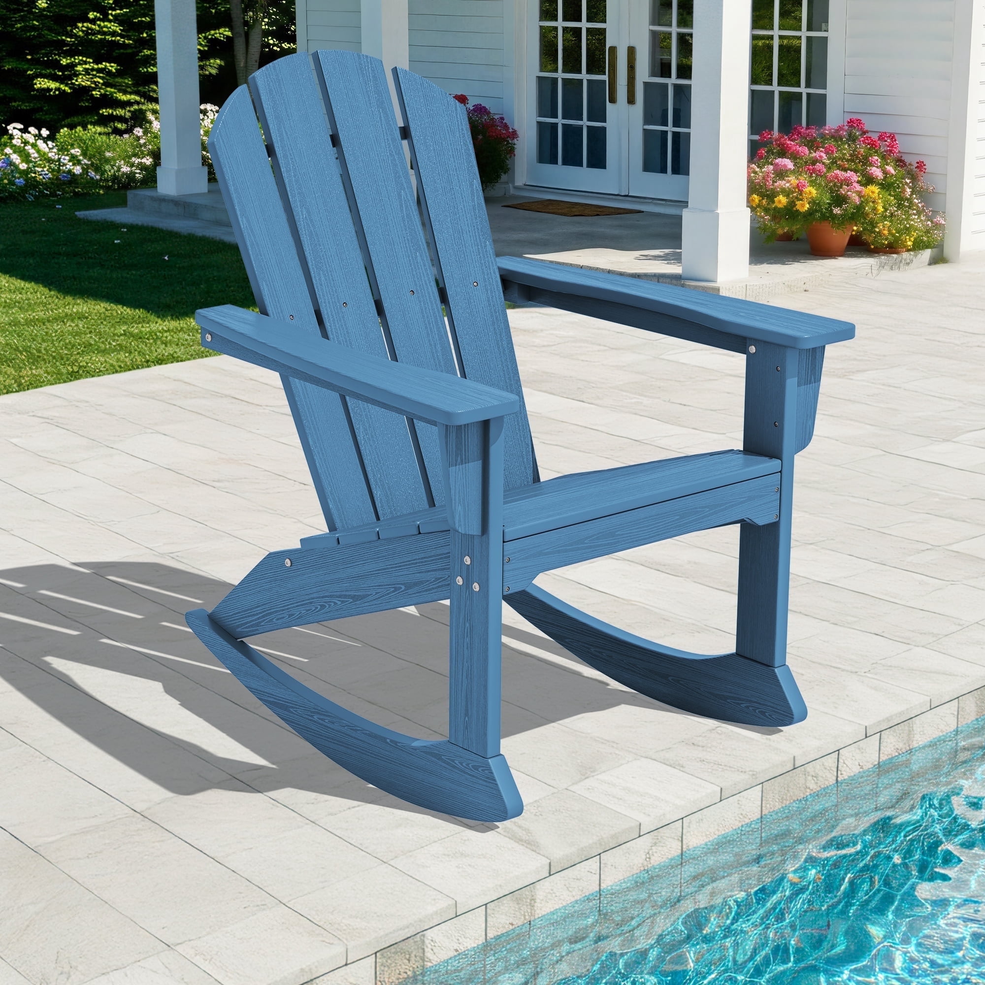 SERWALL Rocking Adirondack Chair, HDPE Outdoor Rocking Chair, All Weather Porch Rocking Chair for Patio, Blue