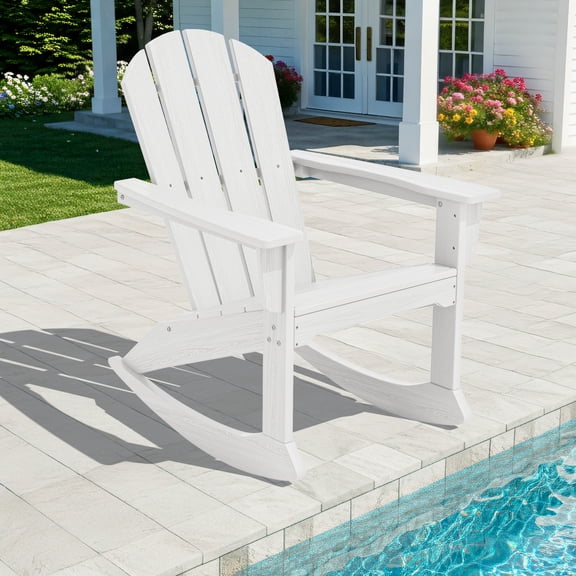 SERWALL Rocking Adirondack Chair, HDPE Outdoor Rocking Chair, All Weather Porch Rocking Chair for Patio, White