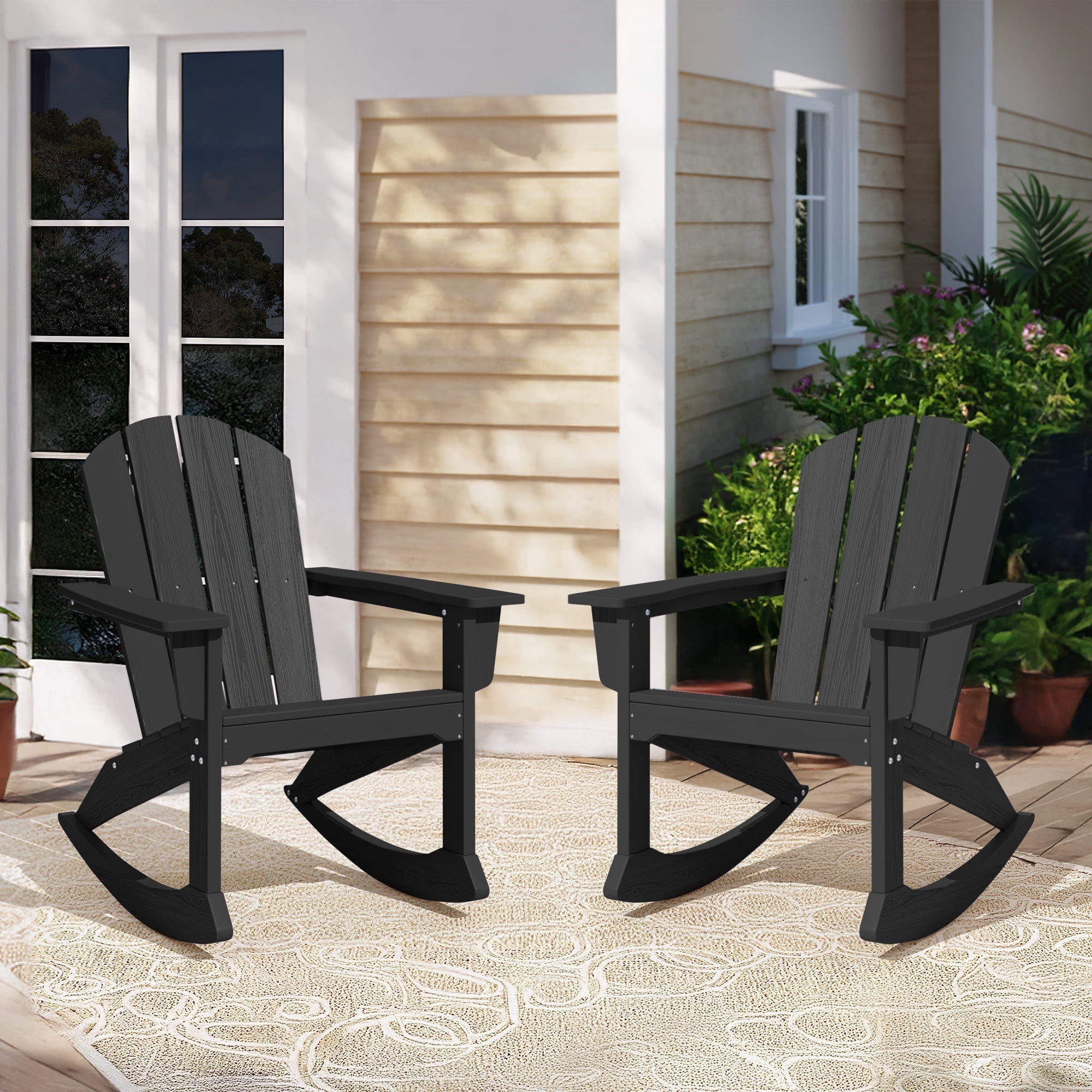 SERWALL Rocking Adirondack Chair Set of 2, HDPE Outdoor Rocking Chairs Set, All Weather Porch Rocker for Patio, Backyard, Garden, Black