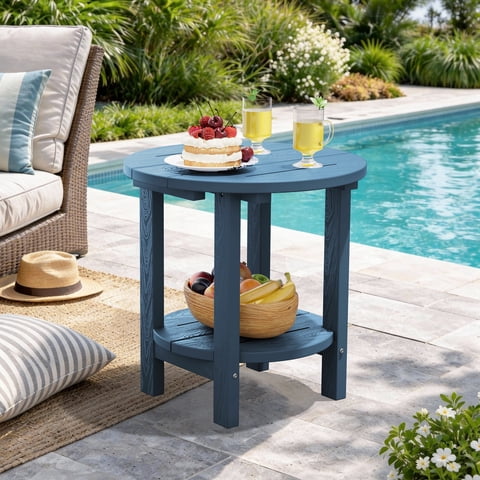 SERWALL Round Outdoor Side Table, All Weather Use Double Layer Patio Side Table, HDPE Adirondack End Table for Patio, Garden, Deck - Blue