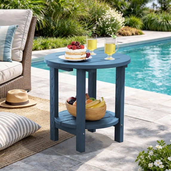 SERWALL Round Outdoor Side Table, All Weather Use Double Layer Patio Side Table, HDPE Adirondack End Table for Patio, Garden, Deck - Blue