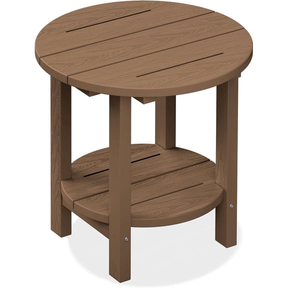 SERWALL Round Outdoor Side Table, All Weather Use Double Layer Patio Side Table, HDPE Adirondack End Table for Patio, Garden, Deck - Brown