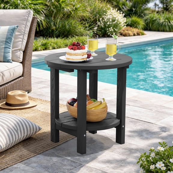 SERWALL Round Outdoor Side Table, All Weather Use Double Layer Patio Side Table, HDPE Adirondack End Table for Patio, Garden, Deck - Gray