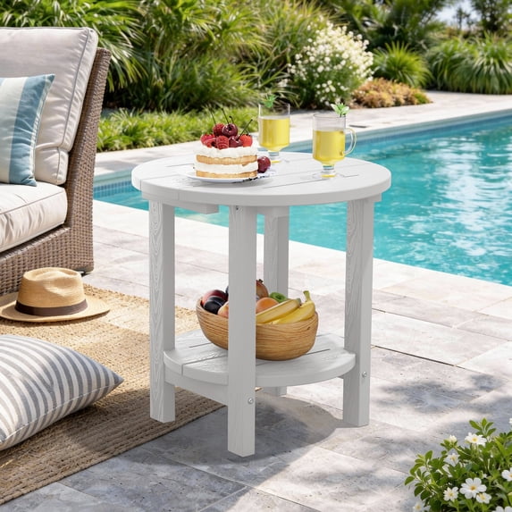 SERWALL Round Outdoor Side Table, All Weather Use Double Layer Patio Side Table, HDPE Adirondack End Table for Patio, Garden, Deck - White
