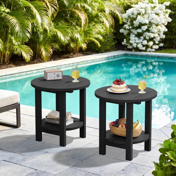 SERWALL Round Outdoor Side Tables Set of 2, All Weather Use Double Layer Patio Side Table, HDPE Adirondack End Table for Patio, Garden, Deck - Black