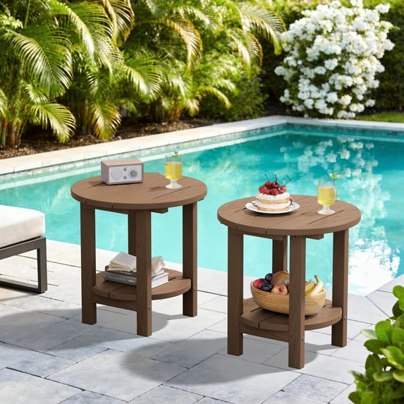 SERWALL Round Outdoor Side Tables Set of 2, All Weather Use Double Layer Patio Side Table, HDPE Adirondack End Table for Patio, Garden, Deck - Brown