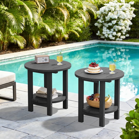 SERWALL Round Outdoor Side Tables Set of 2, All Weather Use Double Layer Patio Side Table, HDPE Adirondack End Table for Patio, Garden, Deck - Gray