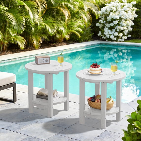 SERWALL Round Outdoor Side Tables Set of 2, All Weather Use Double Layer Patio Side Table, HDPE Adirondack End Table for Patio, Garden, Deck - White