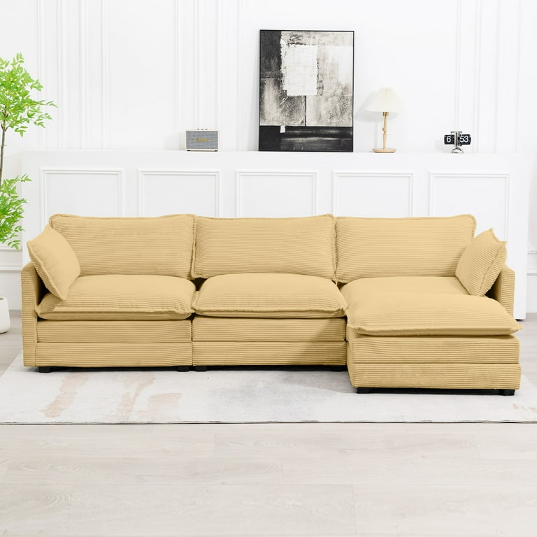 SERWALL Sectional Sofa with Ottoman Small L Shaped Free Combination Corduroy Couch Furniture Sets for Living Room Yellow