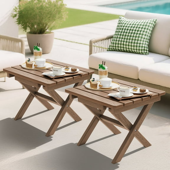 SERWALL Small Folding Side Table set 2, HDPE All Weather Adirondack End Table, No Assembly Required, Brown