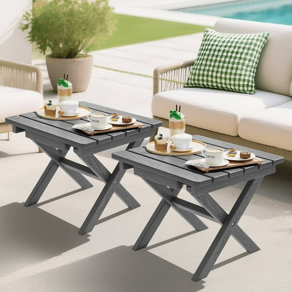 SERWALL Small Folding Side Table set 2, HDPE All Weather Adirondack End Table, No Assembly Required, Gray