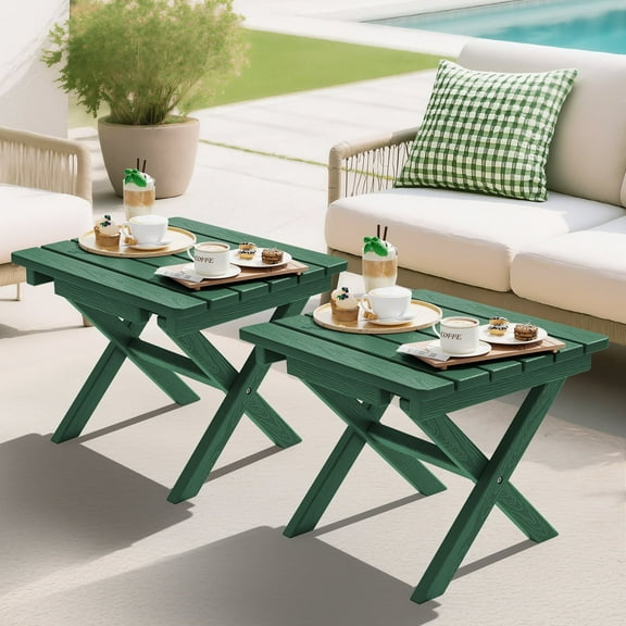 SERWALL Small Folding Side Table set 2, HDPE All Weather Adirondack End Table, No Assembly Required, Green