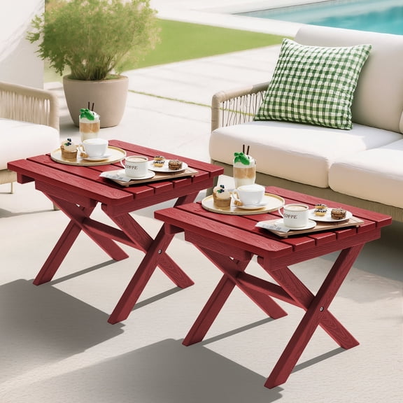 SERWALL Small Folding Side Table set 2, HDPE All Weather Adirondack End Table, No Assembly Required, Red
