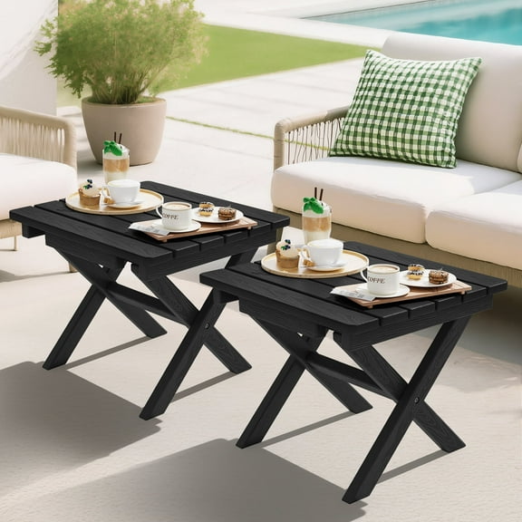 SERWALL Small Folding Side Table set 2, Outdoor HDPE All Weather Adirondack End Table, No Assembly Required, Black