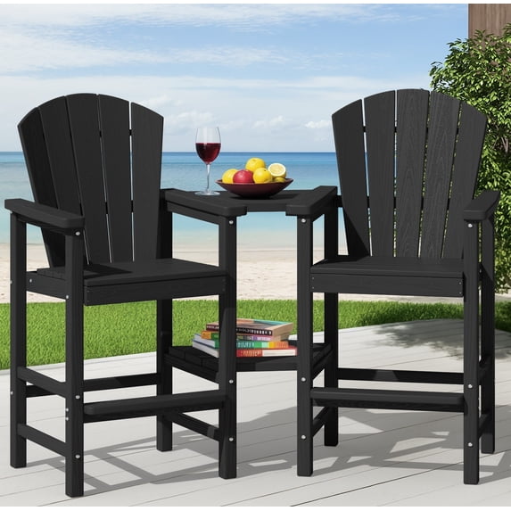 SERWALL Tall Adirondack Chairs Set of 2 with Double Layer Connecting Tray, HDPE Bar Height Outdoor Chairs, for Patio, Balcony, Porch, Pool, Black