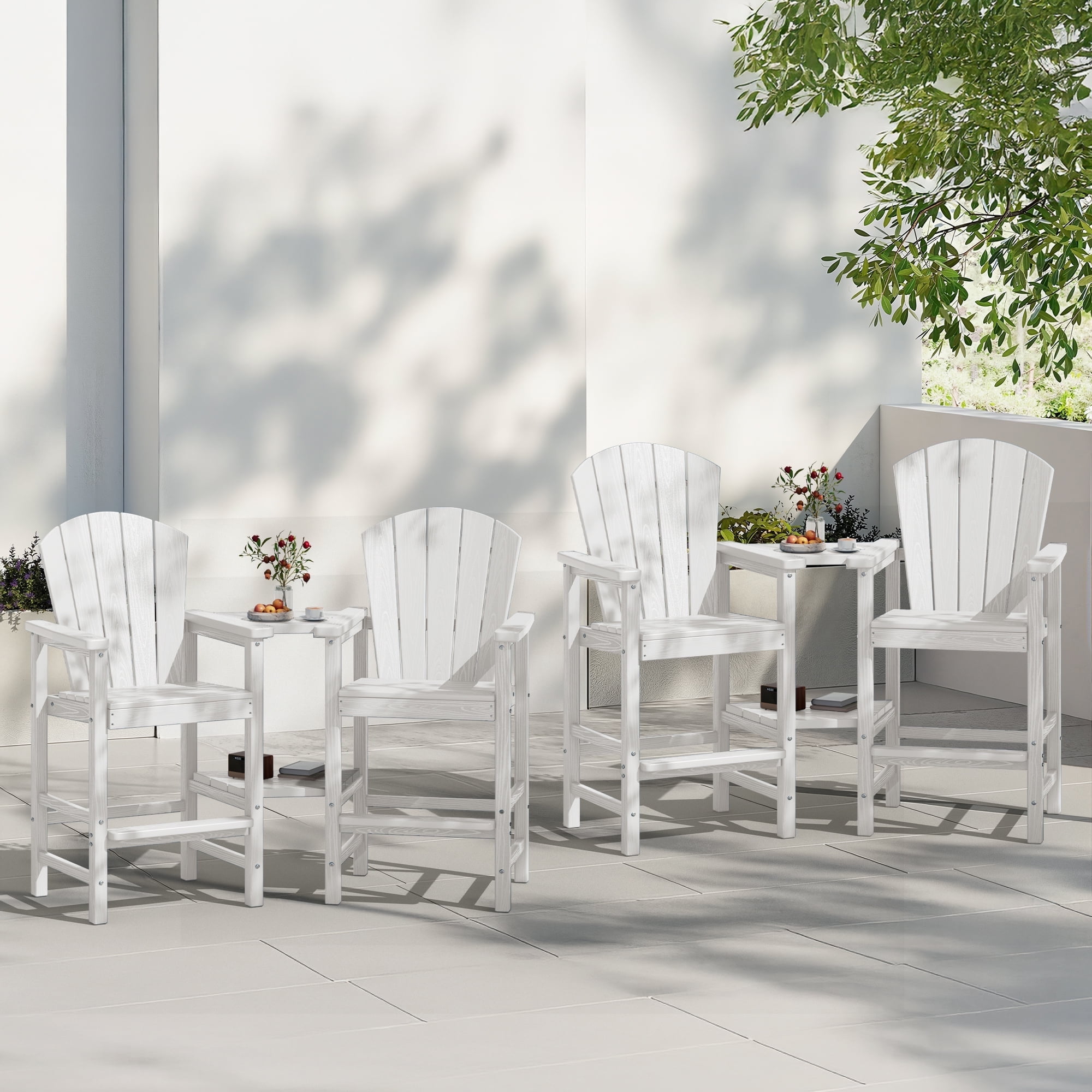 SERWALL Tall Adirondack Chairs Set of 4 with Double Layer Connecting Tray, HDPE Bar Height Outdoor Chairs, for Patio, Balcony, Porch, Pool, White