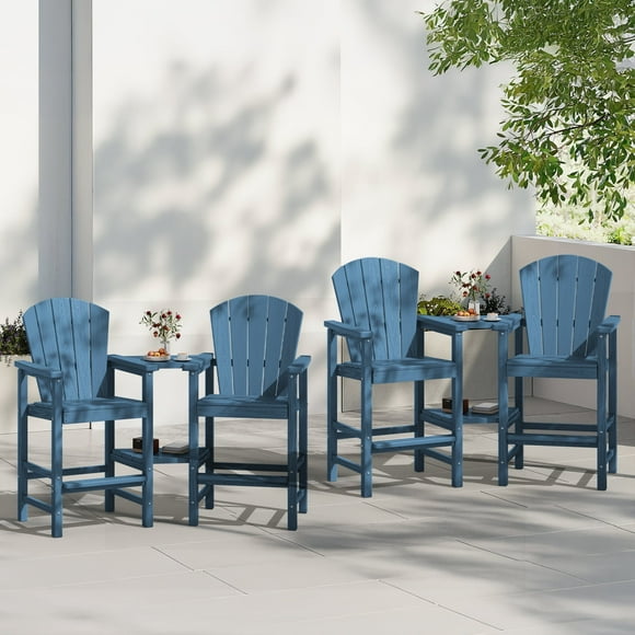 SERWALL Tall Adirondack Chairs Set of 4 with Double Layer Connecting Tray, HDPE Bar Height Outdoor Chairs, for Patio, Balcony, Porch, Pool, Navy