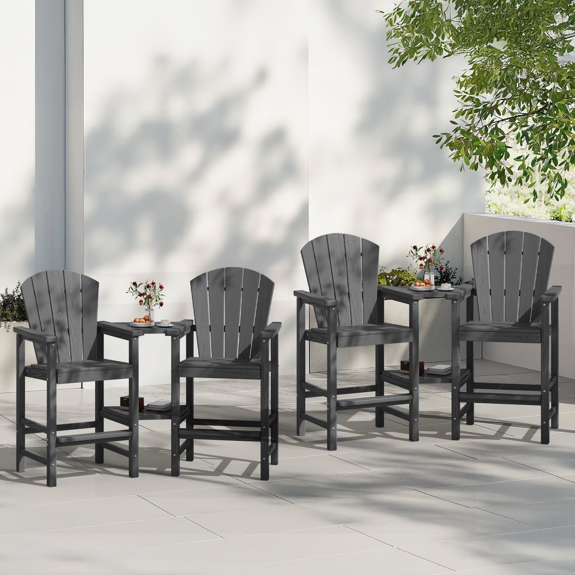 SERWALL Tall Adirondack Chairs Set of 4 with Double Layer Connecting Tray, HDPE Bar Height Outdoor Chairs, for Patio, Balcony, Porch, Pool, Gray