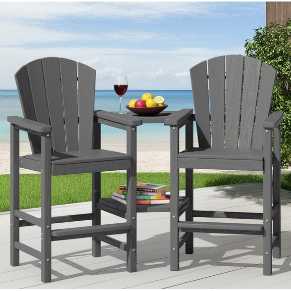 SERWALL Tall Adirondack Chairs Set of 2 with Double Layer Connecting Tray, HDPE Bar Height Outdoor Chairs, for Patio, Balcony, Porch, Pool, Gray