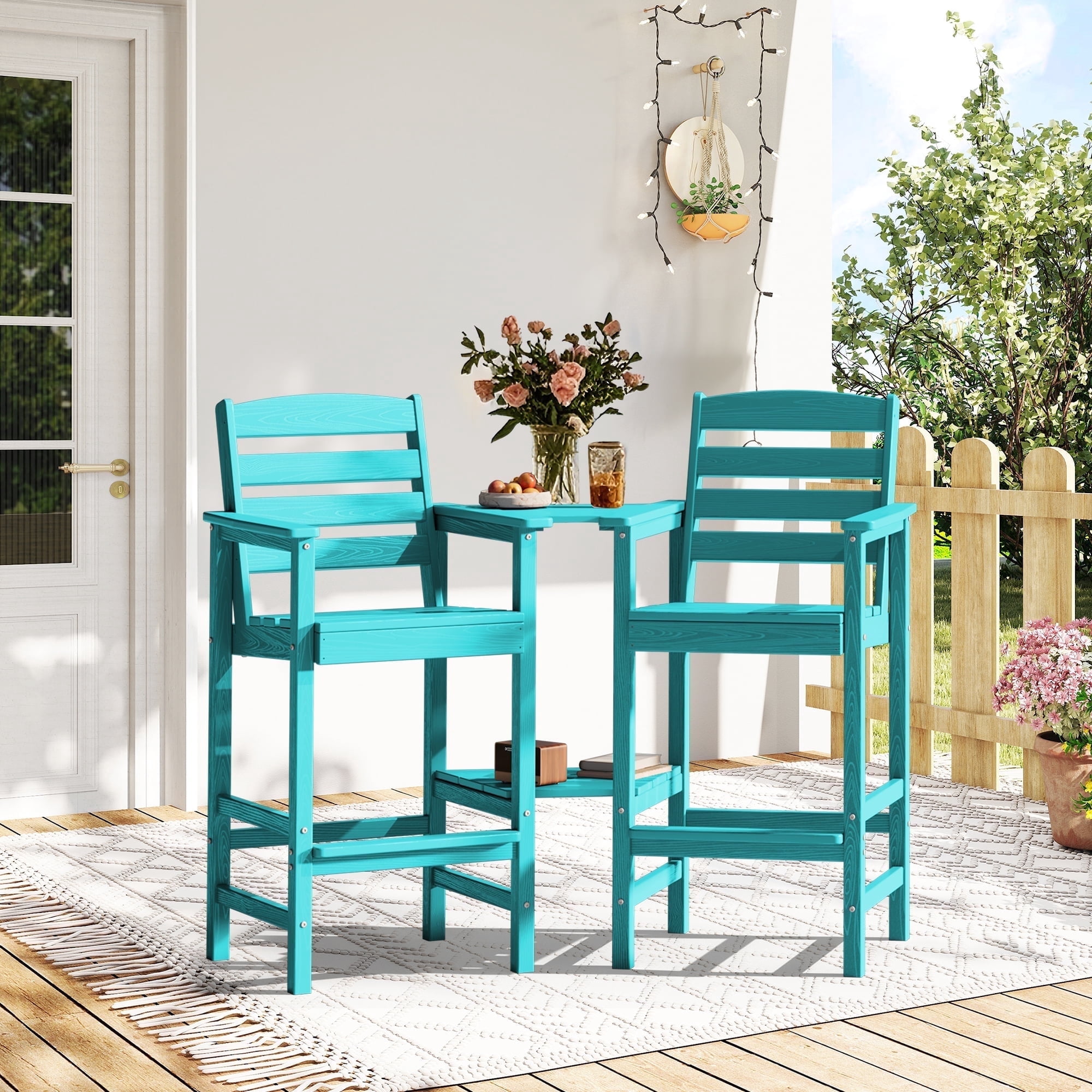 SERWALL Tall Adirondack Chairs Set of 2 with Connecting Table, HDPE Adirondack Outdoor Barstools, Aruba
