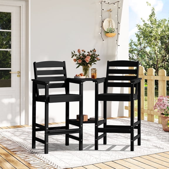 SERWALL Tall Adirondack Chairs Set of 2 with Connecting Table, HDPE Adirondack Outdoor Barstools, Black