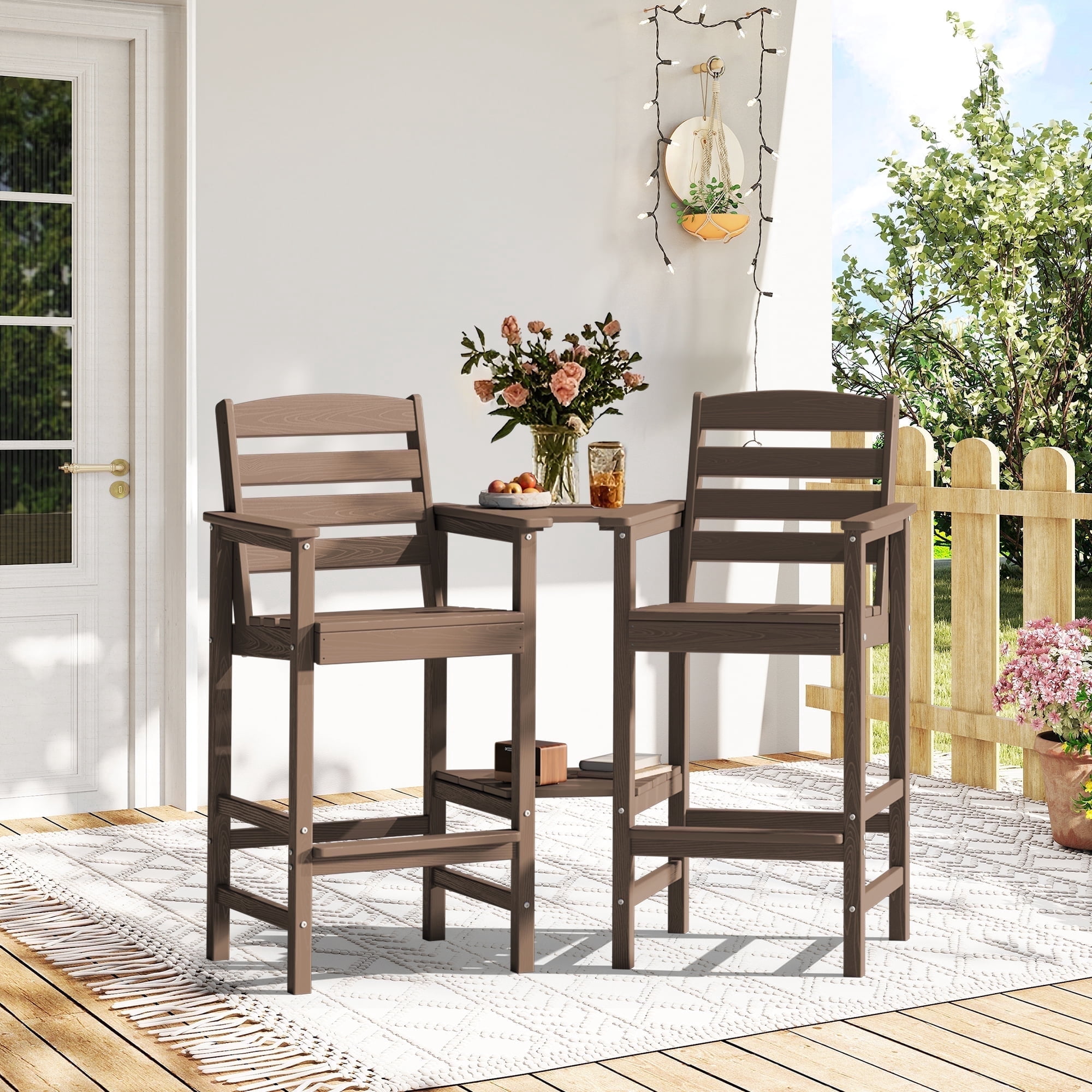 SERWALL Tall Adirondack Chairs Set of 2 with Connecting Table,  HDPE Adirondack Outdoor Barstools, Brown