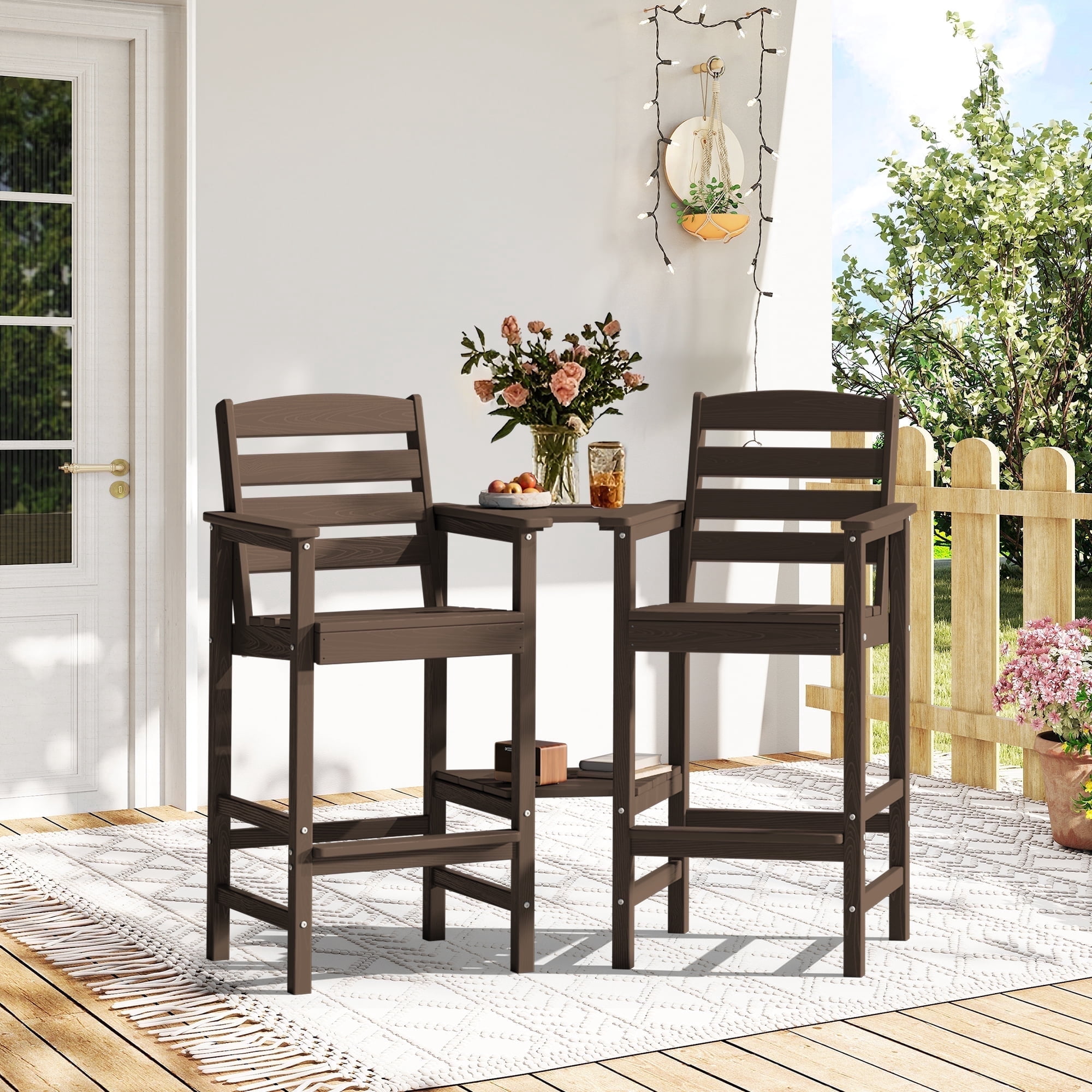 SERWALL Tall Adirondack Chairs Set of 2 with Connecting Table, HDPE Adirondack Outdoor Barstools, Coffee