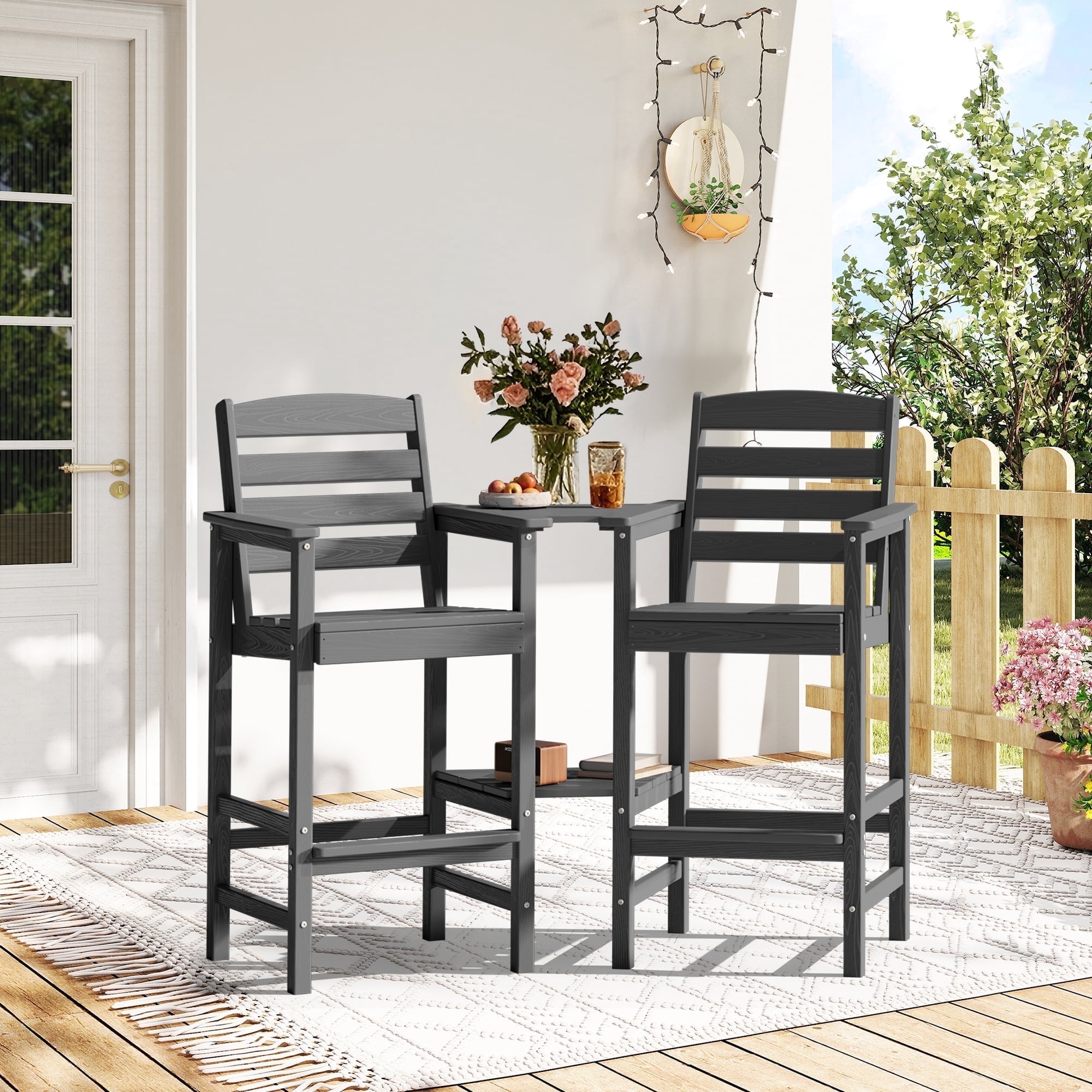 SERWALL Tall Adirondack Chairs Set of 2 with Connecting Table, HDPE Adirondack Outdoor Barstools, Grey