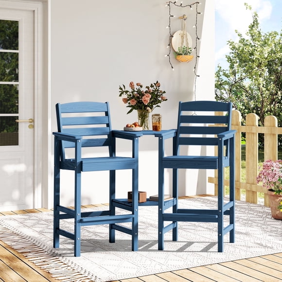 SERWALL Tall Adirondack Chairs Set of 2 with Connecting Table, HDPE Adirondack Outdoor Barstools, Navy