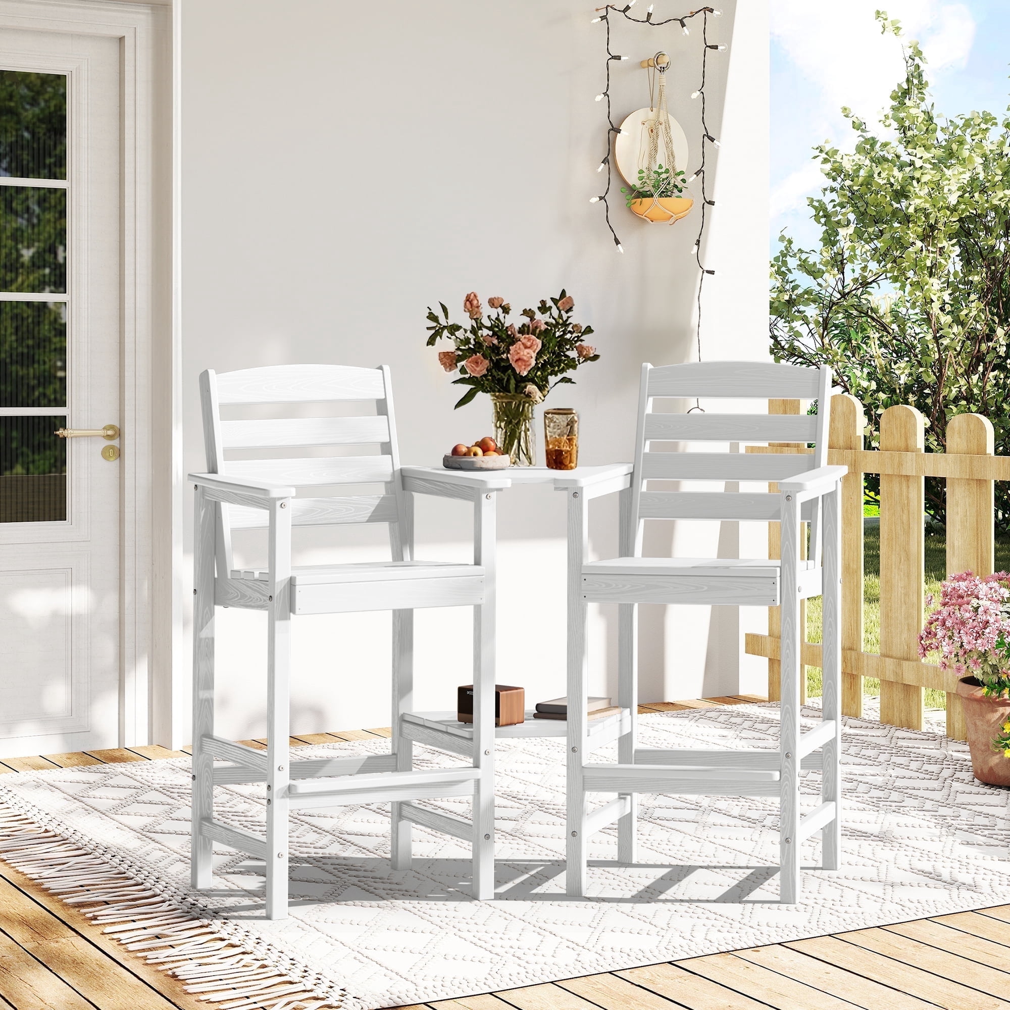 SERWALL Tall Adirondack Chairs Set of 2 with Connecting Table, HDPE Adirondack Outdoor Barstools, White