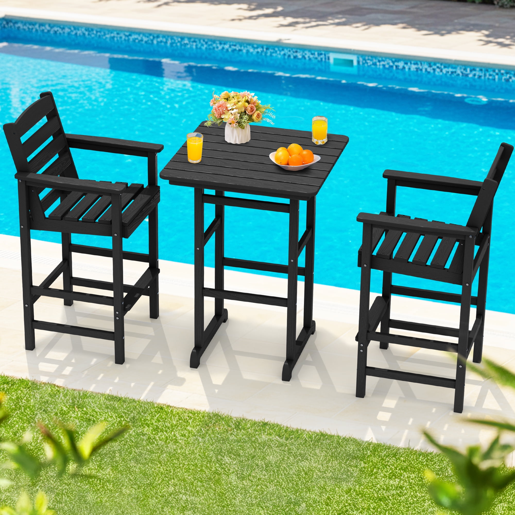 Walmart Black Friday Deals 2025 - SERWALL Tall Adirondack Chairs and Table 3 Pieces Set, Adirondack Bar Height Chairs Set of 2 and Bar Table, Outdoor Barstools Set for Balcony, Poolside, Backyard, Black
