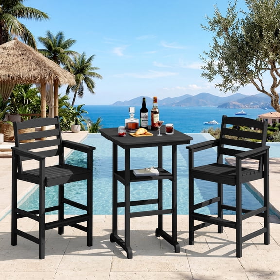 SERWALL Tall Adirondack Chairs and Table 3 Pieces Set, Adirondack Bar Height Chairs Set of 2 and Bar Table, Outdoor Barstools Set for Balcony, Poolside, Backyard, Black