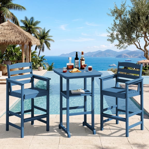 SERWALL Tall Adirondack Chairs and Table 3 Pieces Set, Adirondack Bar Height Chairs Set of 2 and Bar Table, Outdoor Barstools Set for Balcony, Poolside, Backyard, Blue