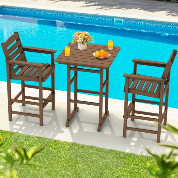 SERWALL Tall Adirondack Chairs and Table 3 Pieces Set, Adirondack Bar Height Chairs Set of 2 and Bar Table, Outdoor Barstools Set for Balcony, Poolside, Backyard, Brown