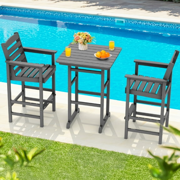 SERWALL Tall Adirondack Chairs and Table 3 Pieces Set, Adirondack Bar Height Chairs Set of 2 and Bar Table, Outdoor Barstools Set for Balcony, Poolside, Backyard, Grey