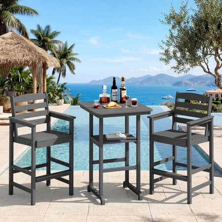 SERWALL Tall Adirondack Chairs and Table 3 Pieces Set, Adirondack Bar Height Chairs Set of 2 and Bar Table, Outdoor Barstools Set for Balcony, Poolside, Backyard, Grey