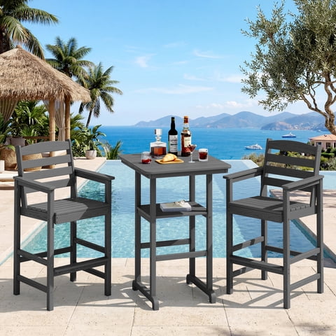 SERWALL Tall Adirondack Chairs and Table 3 Pieces Set, Adirondack Bar Height Chairs Set of 2 and Bar Table, Outdoor Barstools Set for Balcony, Poolside, Backyard, Grey