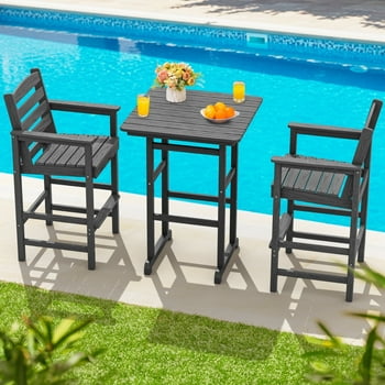 SERWALL Tall Adirondack Chairs and Table 3 Pieces Set, Adirondack Bar Height Chairs Set of 2 and Bar Table, Outdoor Barstools Set for Balcony, Poolside, Backyard, Grey