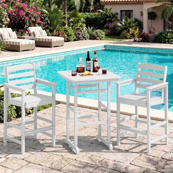 SERWALL Tall Adirondack Chairs and Table 3 Pieces Set, Adirondack Bar Height Chairs Set of 2 and Bar Table, Outdoor Barstools Set for Balcony, Poolside, Backyard, White
