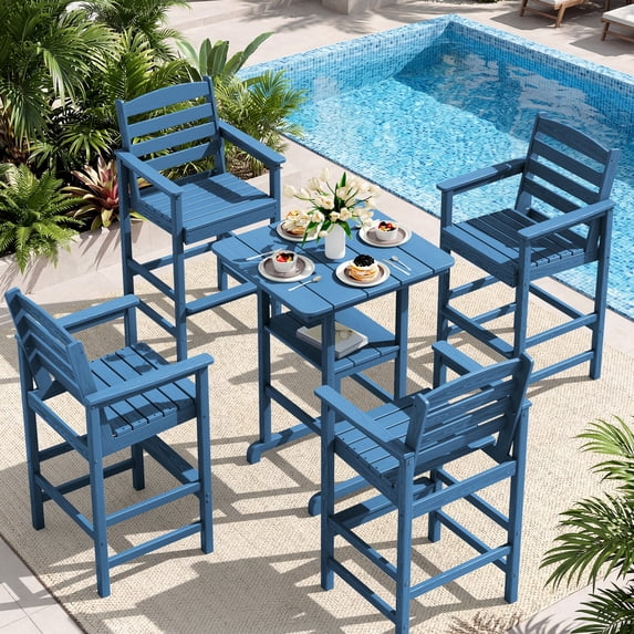 SERWALL Tall Adirondack Chairs and Table 5 Pieces Set, Adirondack Bar Height Chairs Set of 4 and Bar Table, Outdoor Barstools Set for Balcony, Poolside, Backyard, Blue