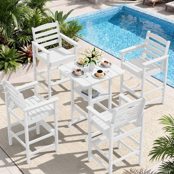 SERWALL Tall Adirondack Chairs and Table 5 Pieces Set, Adirondack Bar Height Chairs Set of 4 and Bar Table, Outdoor Barstools Set for Balcony, Poolside, Backyard, White