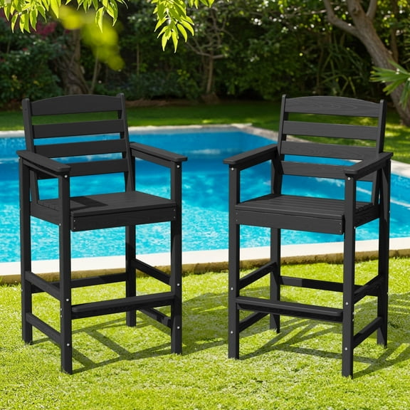 SERWALL Tall Balcony Adirondack Chairs Set of 2, HDPE Outdoor Bar Height Barstools Chair Set of 2 for Bistro, Poolside, Garden, Black