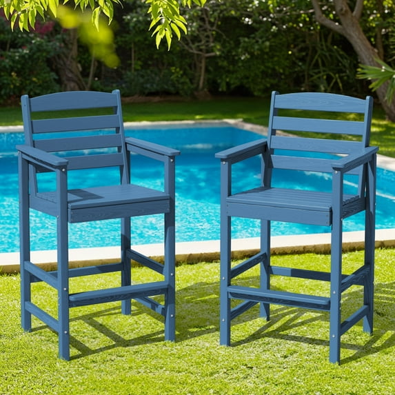 SERWALL Tall Balcony Adirondack Chairs Set of 2, HDPE Outdoor Bar Height Barstools Chair Set of 2 for Bistro, Poolside, Garden, Blue
