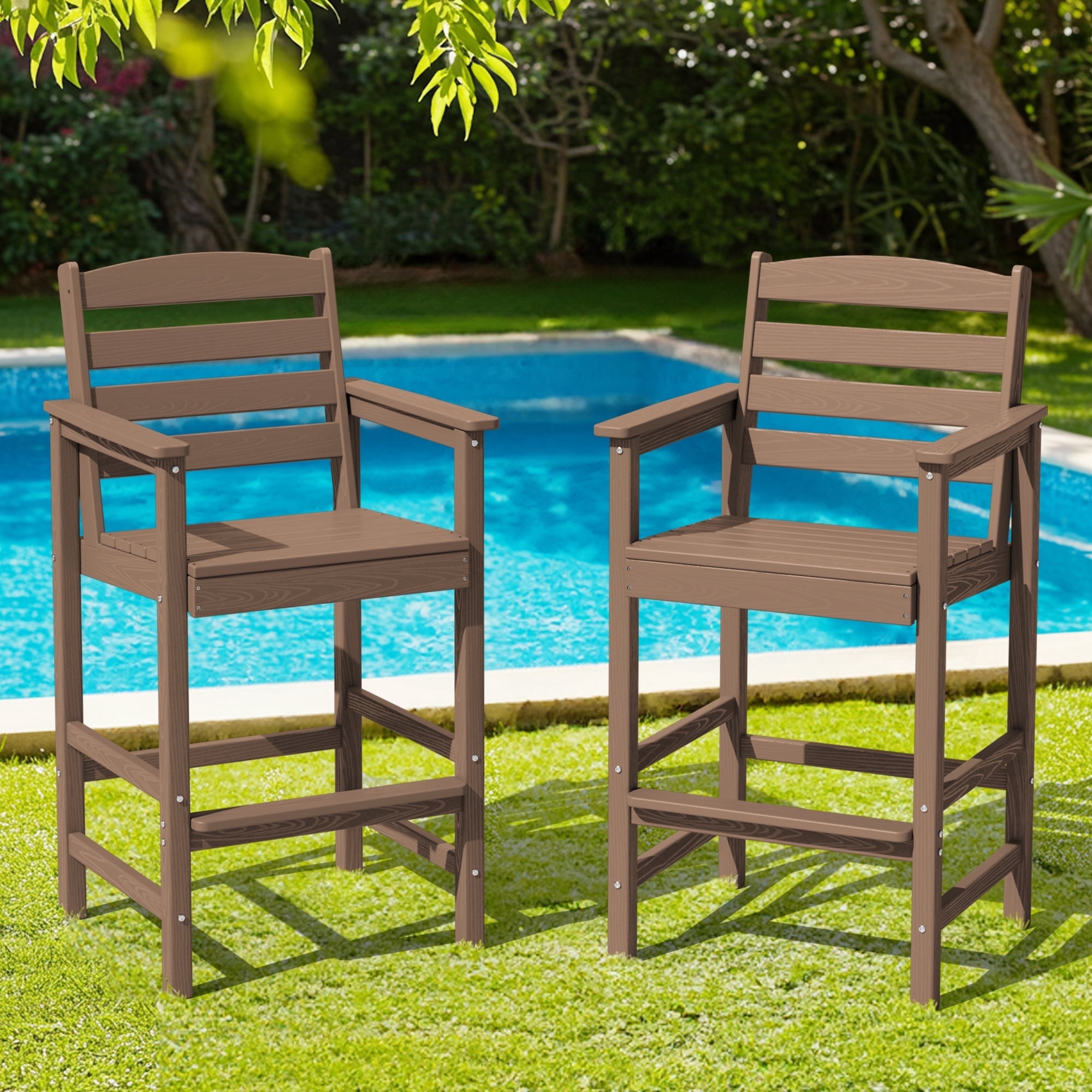 SERWALL Tall Balcony Adirondack Chairs Set of 2, HDPE Outdoor Bar Height Barstools Chair Set of 2 for Bistro, Poolside, Garden, Brown