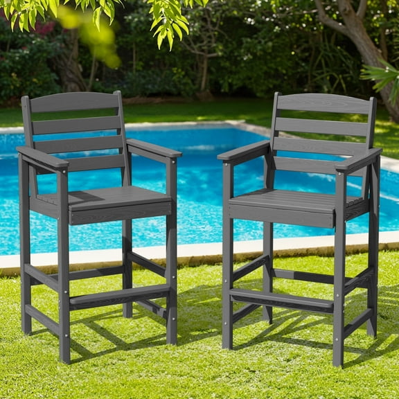 SERWALL Tall Balcony Adirondack Chairs Set of 2, HDPE Outdoor Bar Height Barstools Chair Set of 2 for Bistro, Poolside, Garden, Grey