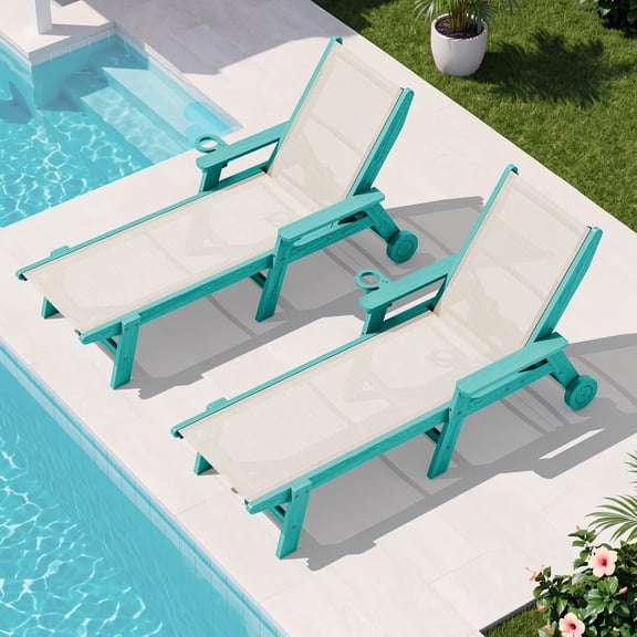 SERWALL Textilene Patio Chaise Lounge Chair Set of 2, 5-Position Adjustable Outdoor Loungers with Rolling Wheels for Pool, Deck, Aruba