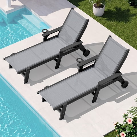SERWALL Textilene Patio Chaise Lounge Chair Set of 2, 5-Position Adjustable Outdoor Loungers with Rolling Wheels for Pool, Deck, Black