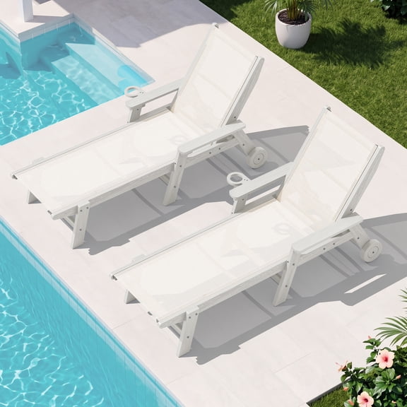 SERWALL Textilene Patio Chaise Lounge Chair Set of 2, 5-Position Adjustable Outdoor Loungers with Rolling Wheels for Pool, Deck, White
